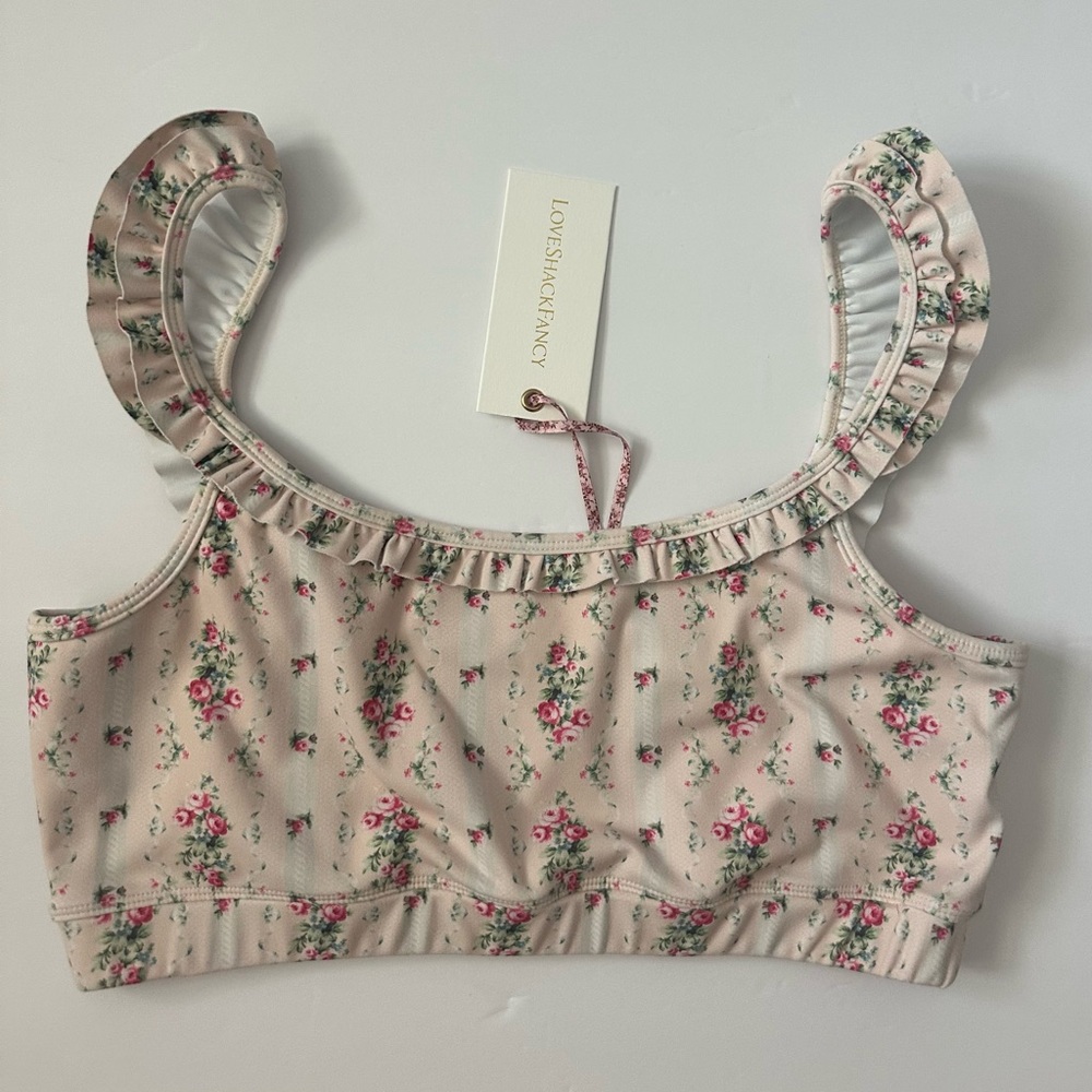 LoveShackFancy Palmira Workout Bra in Floral Graham Cracker